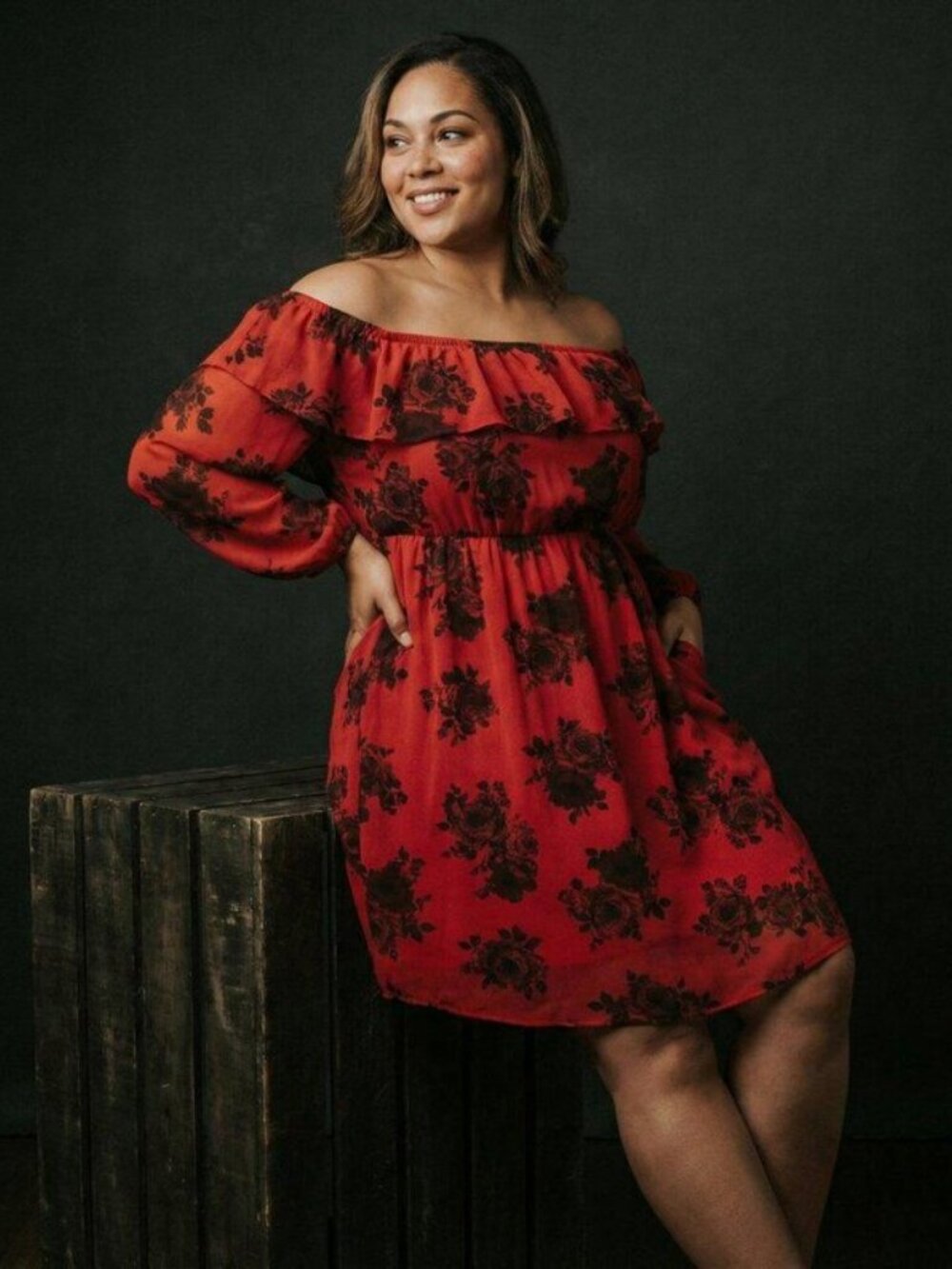 Torrid Dress Womens 4 4X Red Black Rose Floral Chiffon Ruffle Off Shoulder Whims